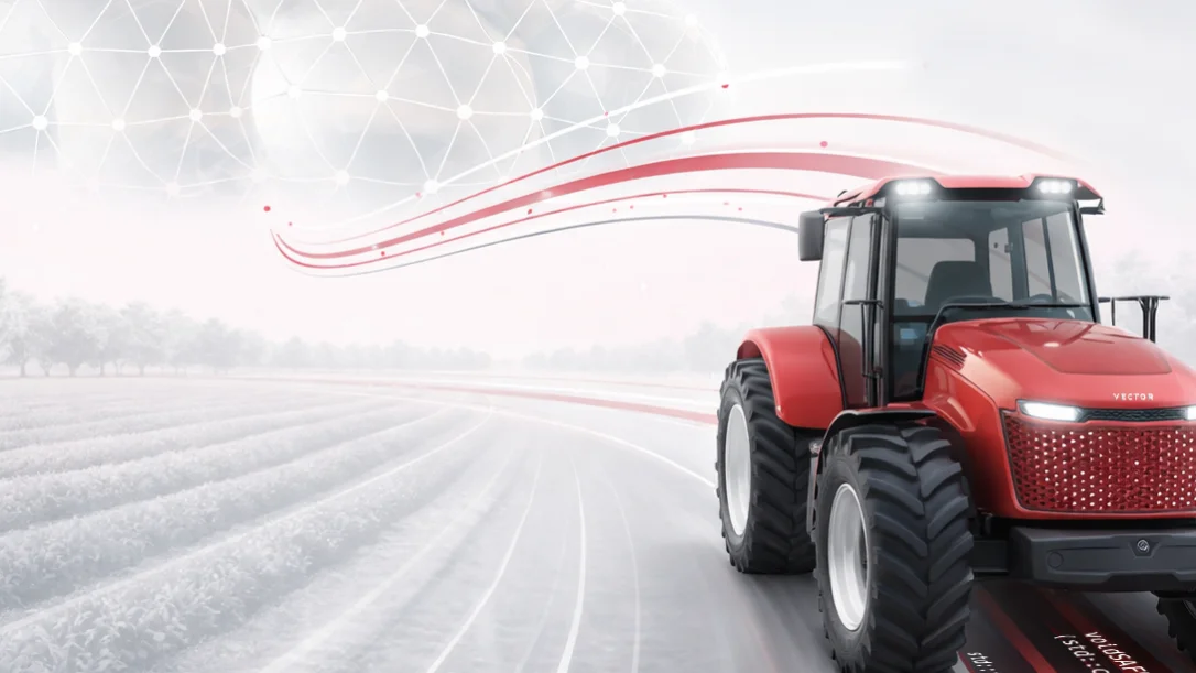 Vector helps agriculture teams control connected machines and distributed systems across development and operation with the open and modular software ecosystem for modern farming Vector concept image of a red tractor driving along cultivated field rows with red digital lines flowing above the vehicle. The