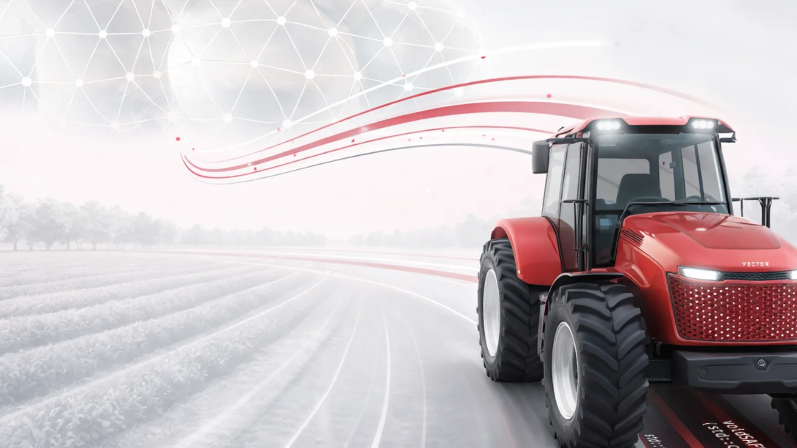Vector helps agriculture teams control connected machines and distributed systems across development and operation with the open and modular software ecosystem for modern farming Vector concept image of a red tractor driving along cultivated field rows with red digital lines flowing above the vehicle. The