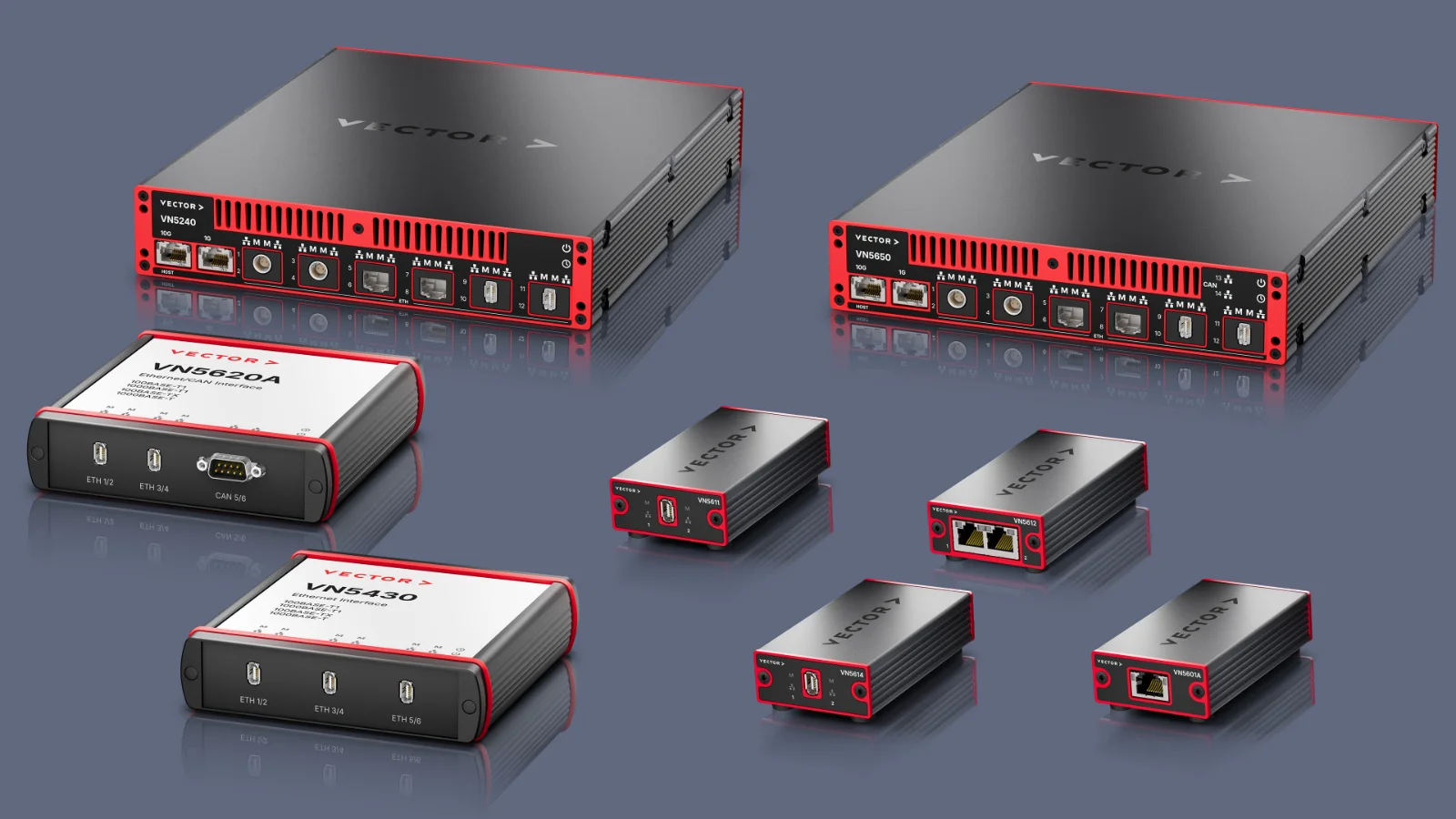 Vector VN5000 network interface family Product lineup of Vector VN5000 network interfaces displayed on a gray background.