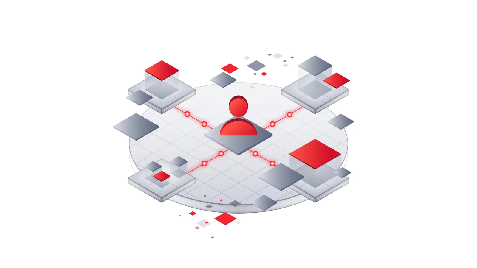 Vector’s expert services help you solve engineering challenges faster, accelerate projects, and build lasting capabilities. Vector’s image shows a red human figure icon at the center of a circular platform, connected by red lines to surrounding gray and red geometric tiles.