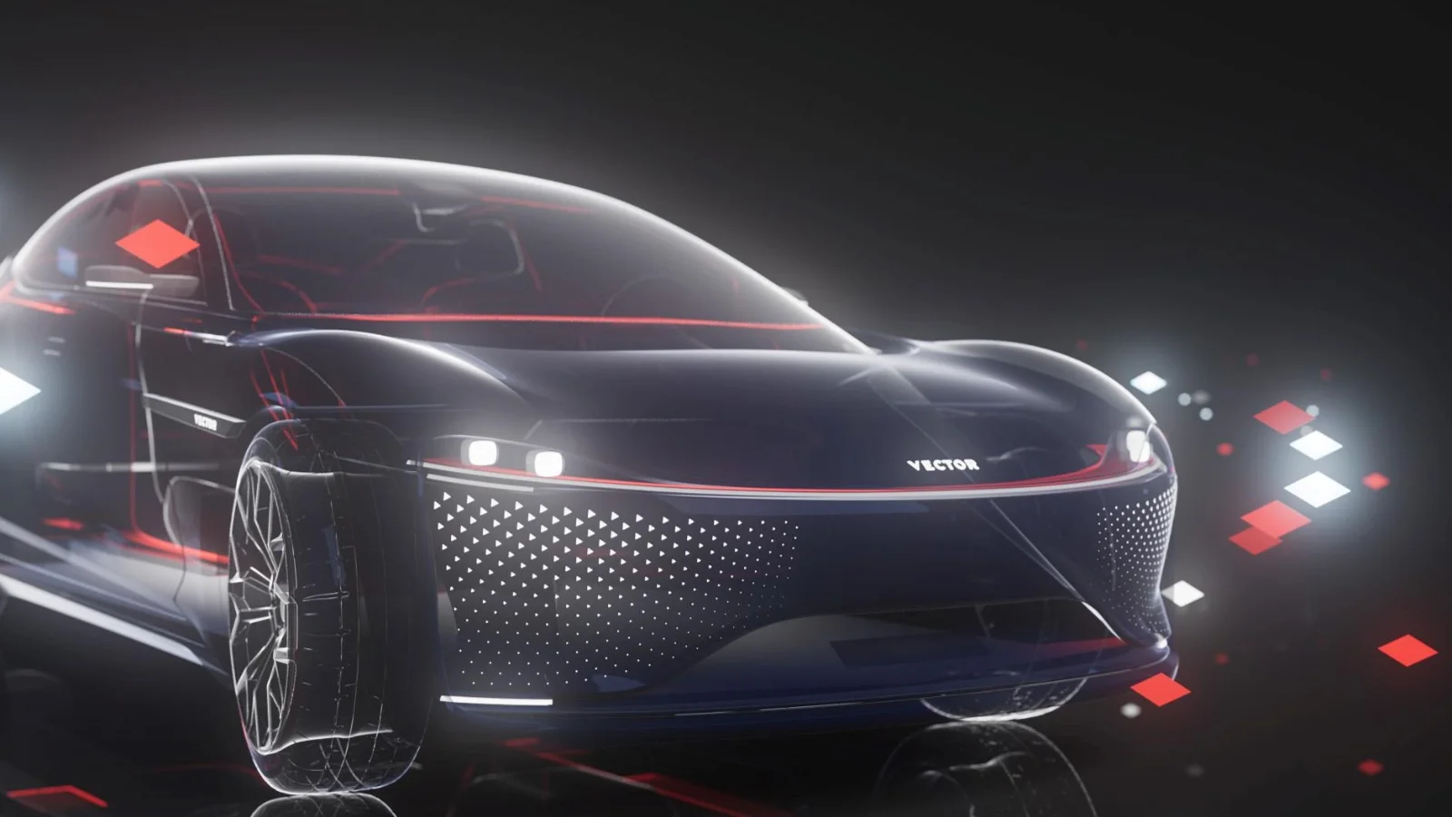 Vector helps bring software-defined vehicles to life with connected development, validation, and operation at scale. Vector concept image of a futuristic black vehicle with illuminated contours, bright headlights, and red digital particles moving past the front of the car.