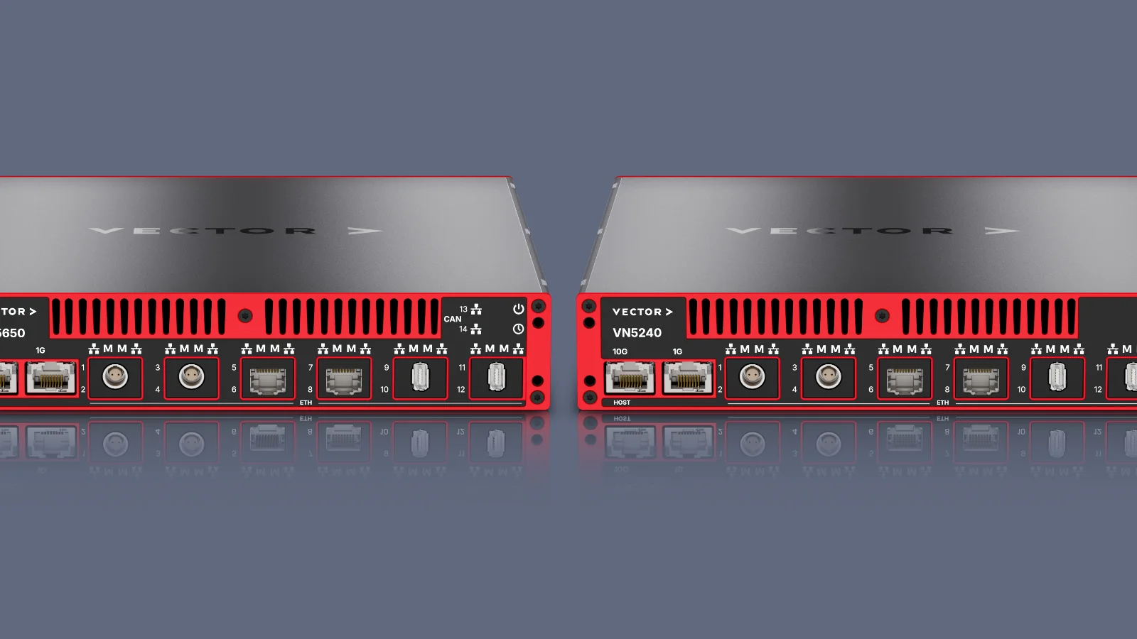 VN5650 and VN5240 Ethernet interfaces Side-by-side front view comparison of the VN5650 and VN5240 network interfaces on a grey background