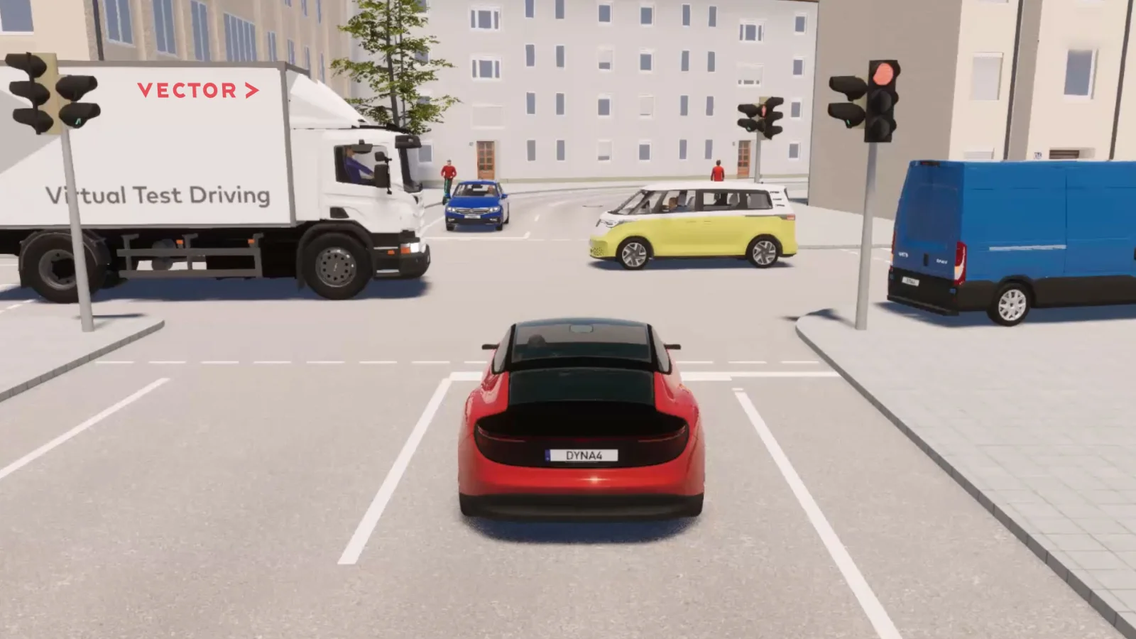 Virtual-Test-Driving-R10.jpg Virtual test driving with Vector DYNA4 for ADAS tests in a city. Vehicle has to stop due to red traffic lights at an intersection.
