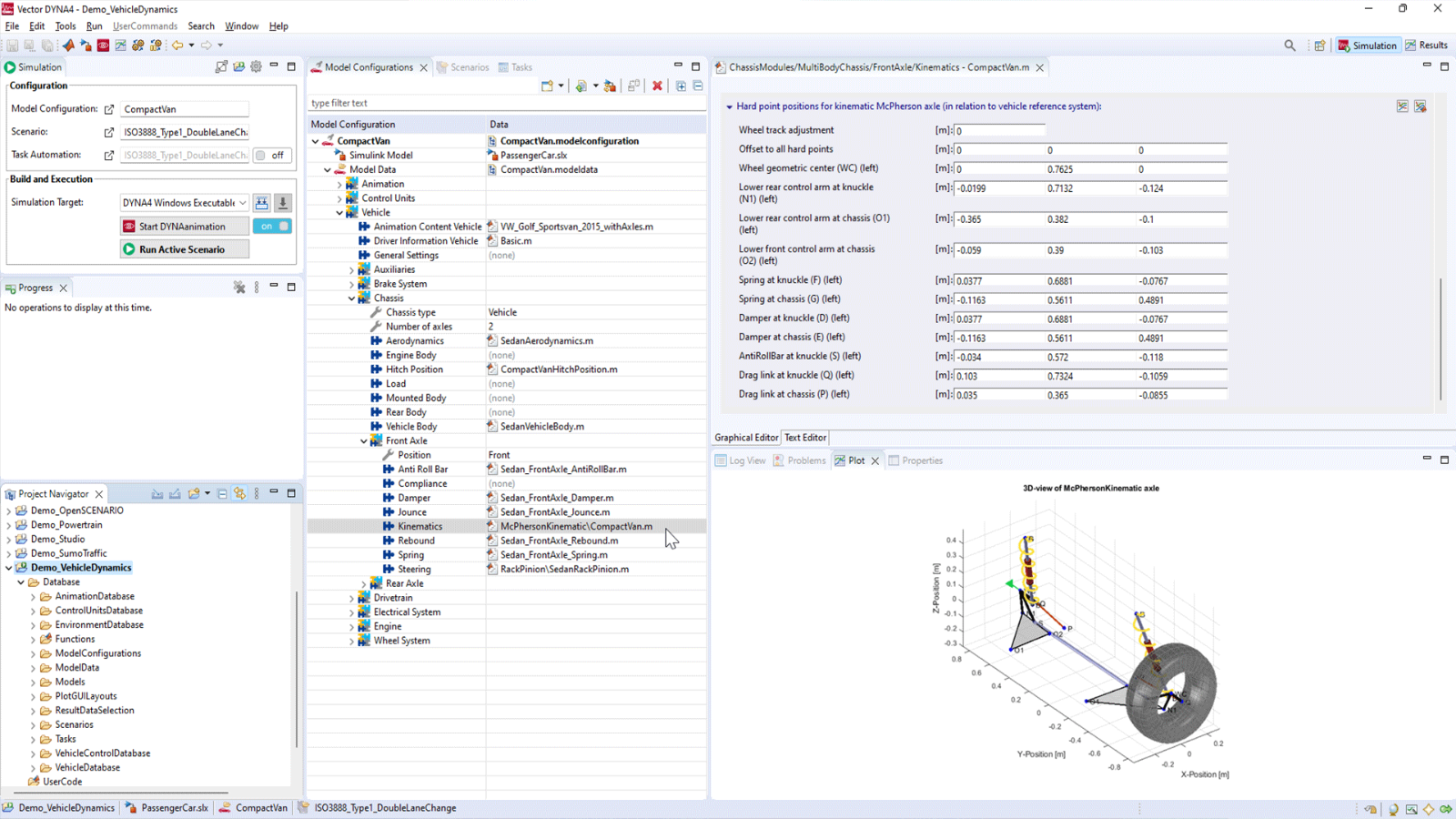 Vehicle Dynamics Model Configuration in DYNA4 Simulation environment Vector DYNA4. Screenshot of the vehicle dynamics editor with detailed axle parameters.
